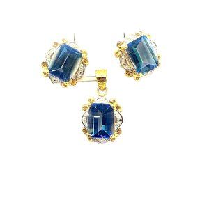 14 k Gold Large Blue Cubic Zirconia And Gold Jewelry Set For Sale